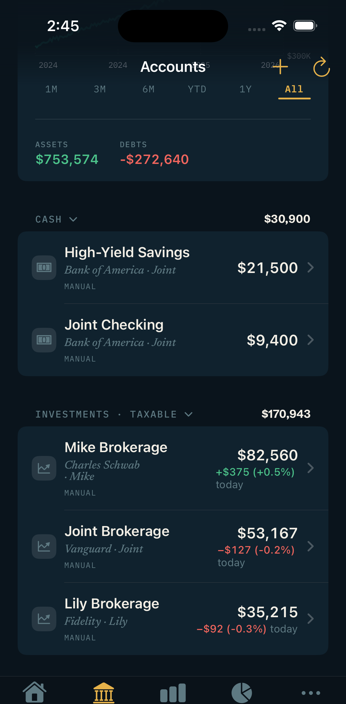 StrideFi Accounts tab: cash, investment and credit accounts grouped with balances.