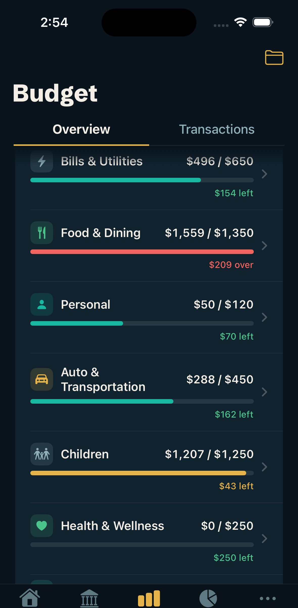 StrideFi expense tracking: spending groups with budget-used meters for the month.
