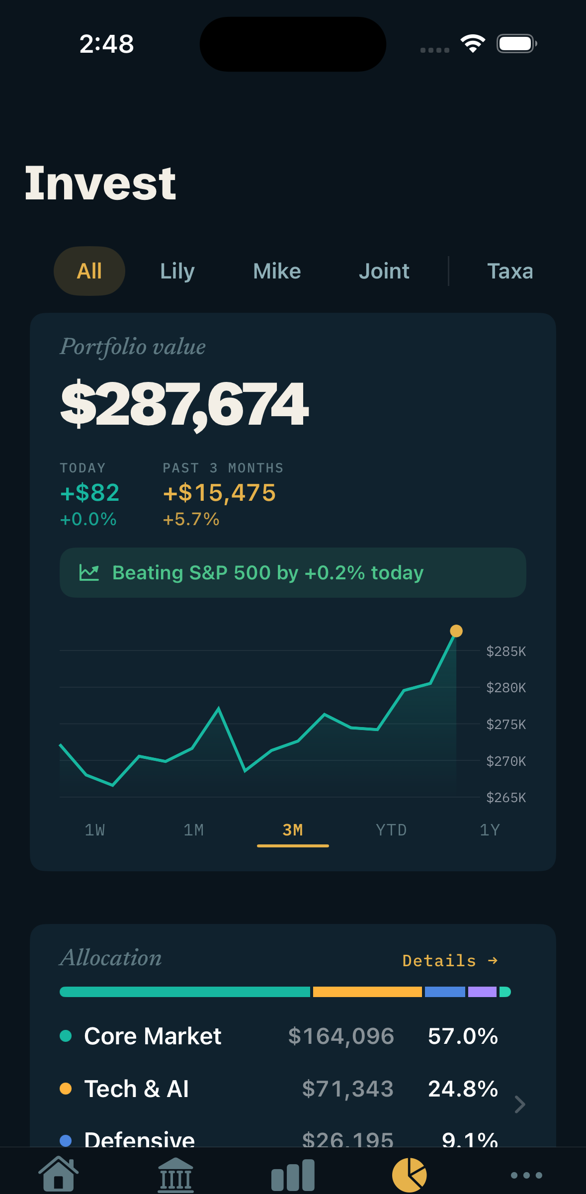 StrideFi Investing tab: portfolio value chart with period selector.