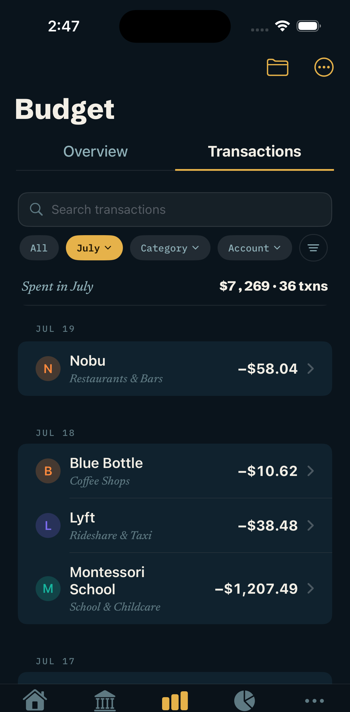 StrideFi transactions list: recent purchases and income, auto-categorized.